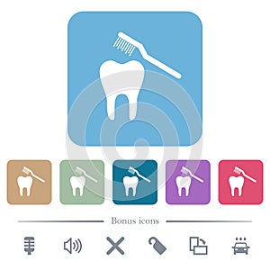 Toothbrushing flat icons on color rounded square backgrounds