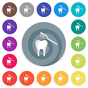 Toothbrushing flat white icons on round color backgrounds