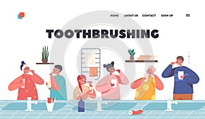 Toothbrushing Landing Page Template. Happy Kid Characters Brush Teeth. Children Dental Care, Oral Hygiene in Bathroom