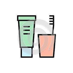 Toothpaste and brush, dental hygiene flat color line icon.