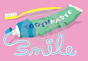 Toothpaste and brush with smile word