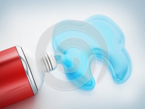 Toothpaste coming out of tube forms a tooth. 3D illustration