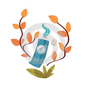 Toothpaste or Gel Dentifrice in Tube with Floral Twig Vector Illustration photo