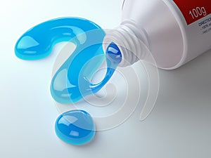 Toothpaste in the shape of question mark coming out from toothpaste tube. Brushing teeth dental concept.
