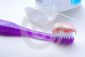 Toothpaste on a toothbrush. Closeup