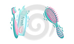 Toothpaste with Toothbrush and Hairbrush with Bristle Vector Set