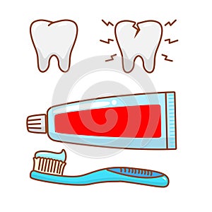 Toothpaste and toothbrush vector illustration with cute design