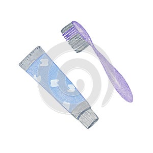 A toothpaste tube and a brush set, simple watercolor pattern, hygienic accessories