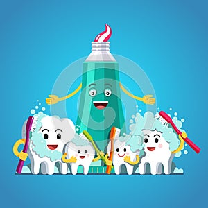 Toothpaste tube and happy teeth family characters