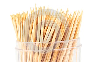 Toothpicks in a Clear Plastic Bottle on White Background