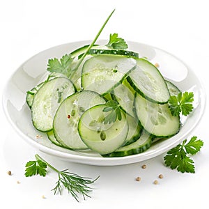 Toothsome cucumber salad isolated on white background photo