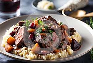 A toothsome plate beef bourguignon, but instead beef use diced plums photo