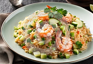 A toothsome plate shrimp fried rice,but instead shrimp use diced honeydew melon photo
