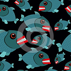 Toothy fish seamless background. Evil piranhas in sea. Vector or