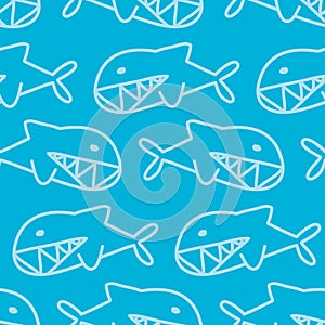 Toothy fish shark on a blue background, seamless pattern for textile print cover fabric, decoration packaging design. Marine