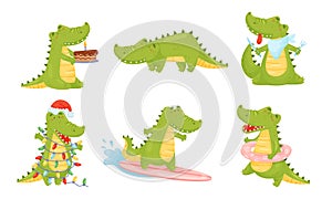 Toothy Friendly Crocodile Surfboarding and Decorating Himself with Fairy Lights Vector Set