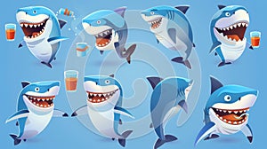 The toothy predator is an isolated modern image of a cute shark cartoon character, funny fish mascot, underwater animal