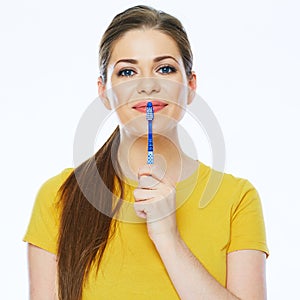 Toothy smiling beautiful woman with healthy teeth holding toothy brush