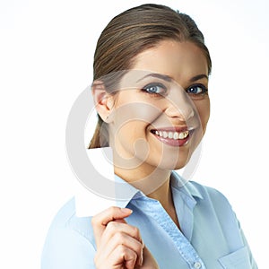 Toothy smiling business woman isolated portrait. Credit card.