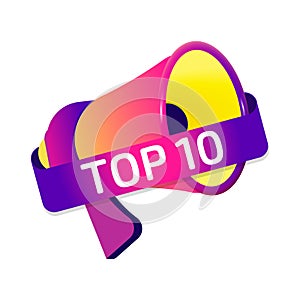 Top 10 banner label, badge icon with megaphone. Flat design