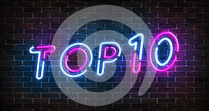 Top 10 neon blue and pink light text on empty red brick wall banner. Bright sign of top ten list winners at night. Design template