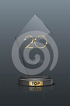 Top 20 award trophy. Glass prize with gold number twenty. Champion glory in competition vector illustration. Hollywood