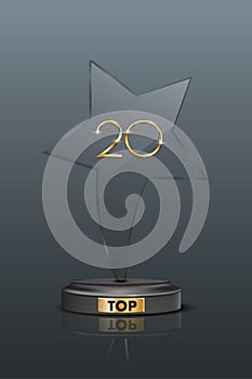 Top 20 award trophy. Star shaped prize with gold number twenty. Champion glory in competition vector illustration