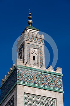Top of the 33 meter tall minaret of the Grand Mosque of Paris, France
