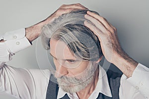 Top above high angle view close up photo of masculine old man touch his hairdress enjoy anti dander lotion hair care