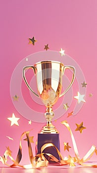 Top achiever Gold trophy cup and stars on pink background