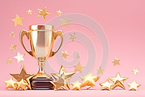 Top achiever Gold trophy cup and stars on pink background