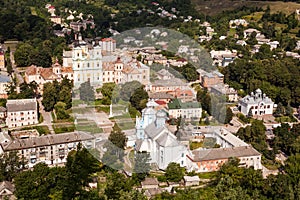 Top aerial city landscape close up view. Kremenets, Ukraine. Old