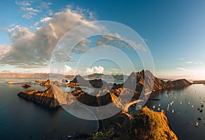 Top aerial drone view of Padar Island in a morning before sunrise, Komodo Island National Park, Labuan Bajo, Flores