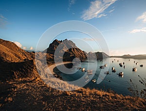 Top aerial drone view of Padar Island in a morning before sunrise, Komodo Island National Park, Labuan Bajo, Flores