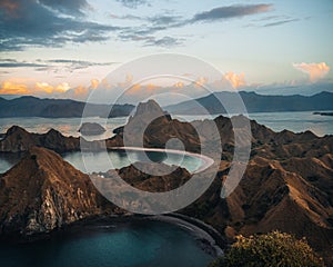 Top aerial drone view of Padar Island in a morning before sunrise, Komodo Island National Park, Labuan Bajo, Flores