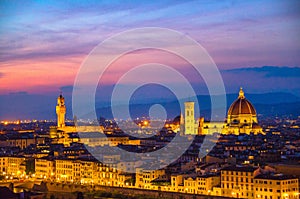 Top aerial panoramic evening view of Florence city with Duomo Cattedrale di Santa Maria del Fiore cathedral