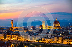 Top aerial panoramic evening view of Florence city with Duomo Cattedrale di Santa Maria del Fiore cathedral