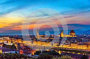 Top aerial panoramic evening view of Florence city with Duomo Santa Maria del Fiore cathedral, Arno river