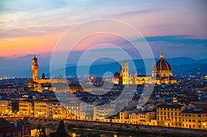 Top aerial panoramic evening view of Florence city