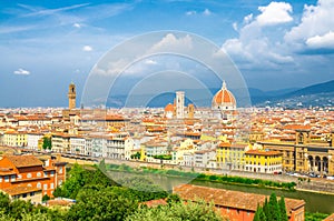 Top aerial panoramic view of Florence city with Duomo Cattedrale di Santa Maria del Fiore cathedral