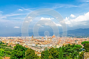 Top aerial panoramic view of Florence city with Duomo Cattedrale di Santa Maria del Fiore cathedral