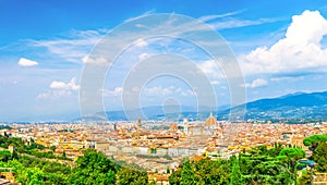 Top aerial panoramic view of Florence city with Duomo Cattedrale di Santa Maria del Fiore cathedral