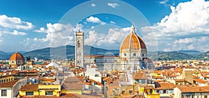 Top aerial panoramic view of Florence city with Duomo Cattedrale di Santa Maria del Fiore cathedral