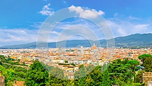 Top aerial panoramic view of Florence city with Duomo Cattedrale di Santa Maria del Fiore cathedral