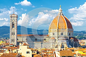 Top aerial panoramic view of Florence city with Duomo Cattedrale di Santa Maria del Fiore cathedral