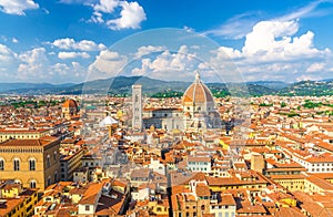 Top aerial panoramic view of Florence city with Duomo Cattedrale di Santa Maria del Fiore cathedral