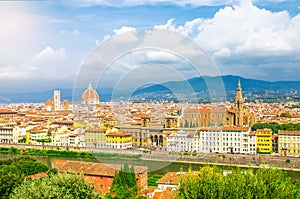Top aerial panoramic view of Florence city with Duomo Santa Maria del Fiore cathedral