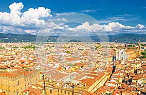 Top aerial panoramic view of Florence city historical centre, Basilica di Santa Croce di Firenze