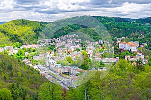 Top aerial panoramic view of Karlovy Vary