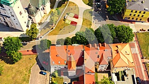 Top aerial panoramic view of Lowicz old town historical city centre with Rynek Market Square, Old Town Hall, New City Hall,